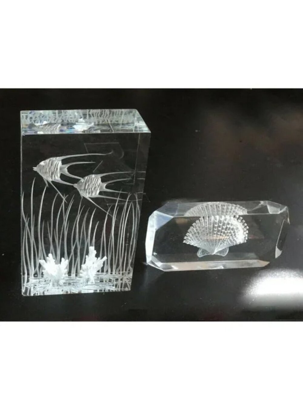 Galvan Lucite Crystal Carved Fish Aquarium Sculpture & Clam Shell